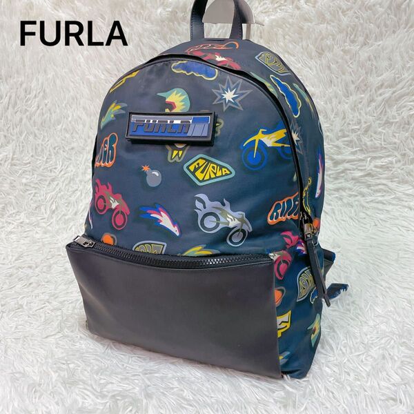 FURLA フルラ 総柄リュック バックパック ナイロン レザー ネイビー
