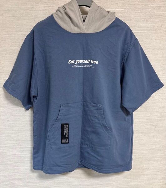 半袖パーカー Tシャツ ブルー ロゴプリント 160サイズ