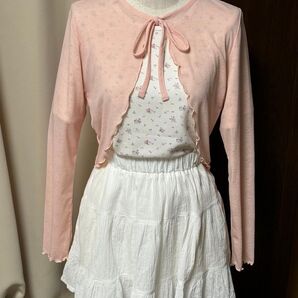 【2点セット】長袖リボンボレロ×花柄ワッフルTシャツ