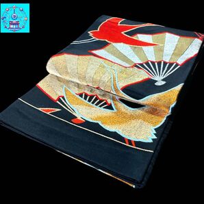 【美品】 六通柄袋帯 鶴扇子文 金銀糸 黒留袖 色留袖 訪問着 振袖 フォーマル