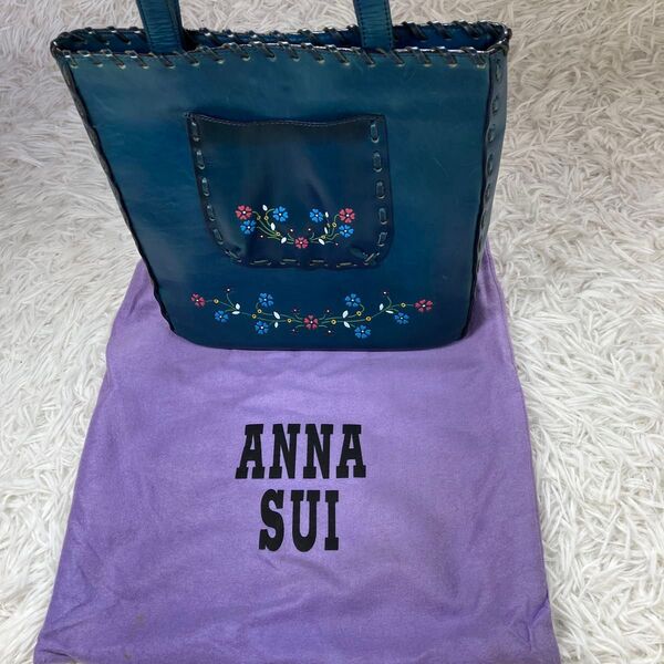 ANNA SUI 花柄革鞄 縦長 牛革トートバッグ B5サイズ収納 手提げバッグ エメラルドグリーン アナスイ 保存袋付き