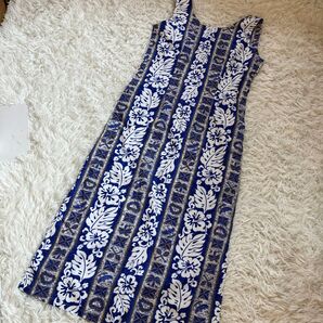 Made in Hawaii USA ネイビー/ホワイト ハワイアンワンピース フラダンス ハイビスカス柄 ムームードレス ロング