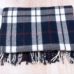 チェック柄ウールマフラー フリンジ付き