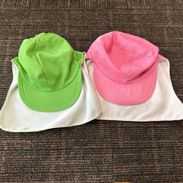 子供用帽子 2個セット ピンク グリーン 日除け付き 保育園 幼稚園