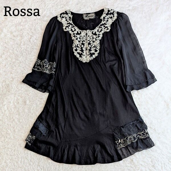 美品◎ROSSA インポートロッサ レース 刺繍 チュニック シルク 花柄 フレア ティアード ドレープ 黒 size42 M 黒