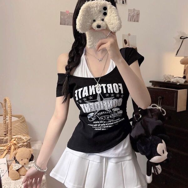 y2k Tシャツ 黒 ブラック 平成ギャル トップス 半袖 ラメ S 重ね着風