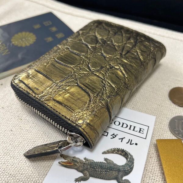 一枚革 金運UP 最高級金色染めクロコダイル財布 YKKメンズ ラウンドファスナー ワニ/鰐本革 手染め手作り コンパクト 人気
