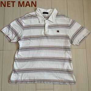 NET MAN ボーダー柄ポロシャツ Lサイズ ホワイト 白 半袖 ポロシャツ LL XL コットン ワンポイント ボーダー