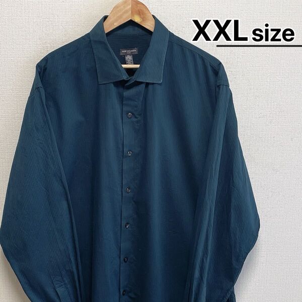 USA古着 長袖シャツ XXL ダークグリーン ストライプ VAN HEUSEN