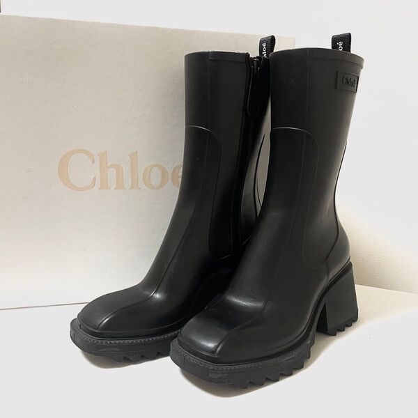 値下げ不可 CHLOE BETTY レインブーツ ラバー サイドジップ チャンキーソール ブラック 黒
