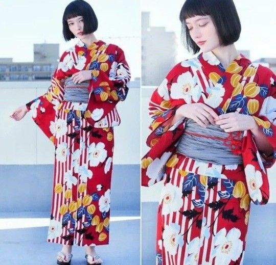 新品 特価 変わり織り浴衣 ホオヅキレッド 鬼灯 浴衣単品 綺麗 フリーサイズ 美人浴衣 白 赤 縞