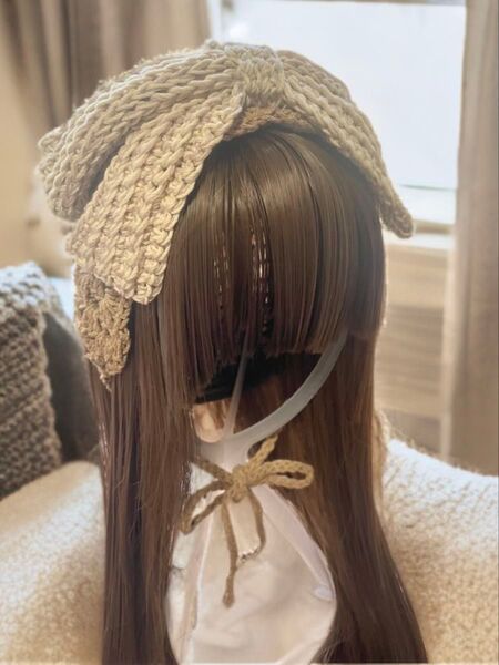 再販 リボン ヘッドドレス カチューシャ ハンドメイド 編み物 バンダナ ヘアバンド ベージュ 森ガール レディース