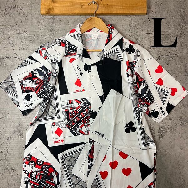 ★新品未使用★ 柄シャツ アロハ 半袖 総柄 オープンカラーシャツ トランプ ヨーロピアン バロック ホワイト 白 ブラック L