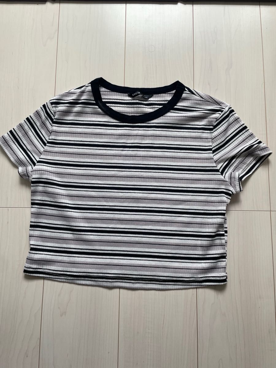 SHEIN ボーダー柄クロップド丈Tシャツ マルチカラー