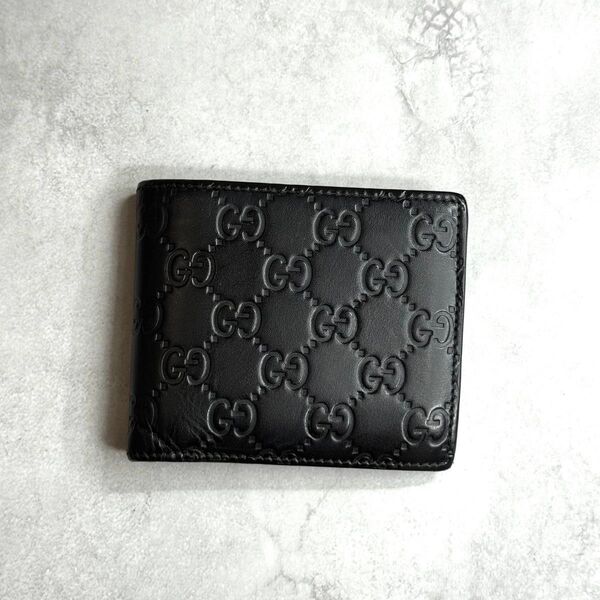 GUCCI グッチ / シマバイフォールドウォレット 二つ折り財布 グッチシマレザー GG型押し ブラック シルバー 365467