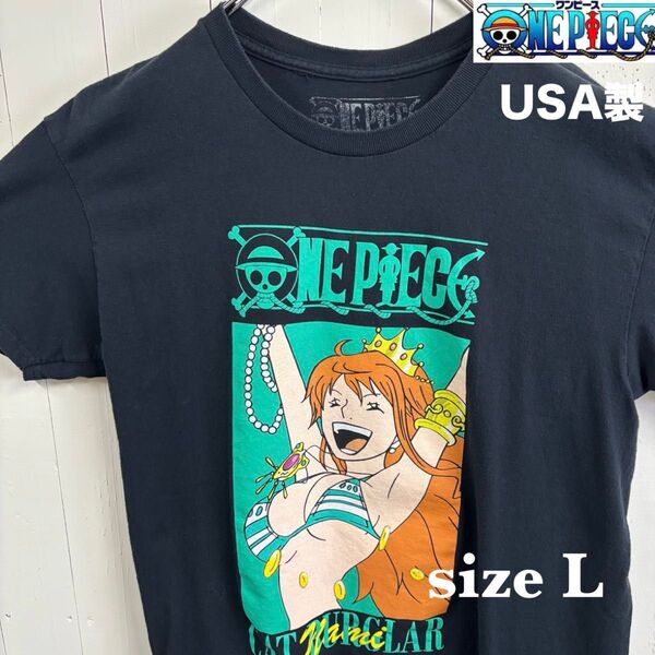 【古着】ONE PIECE(ワンピース)半袖Tシャツ L 黒 USA製 アニメT レアデザイン アメリカ古着 ナミ 希少