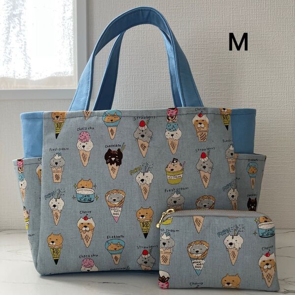 アイス猫 青 サイドポケット付きトートバッグM&ミニポーチ ハンドメイド