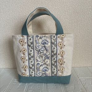 華やかインド刺繍リボントートバッグ(ヴィンテージウォッシュグレー)