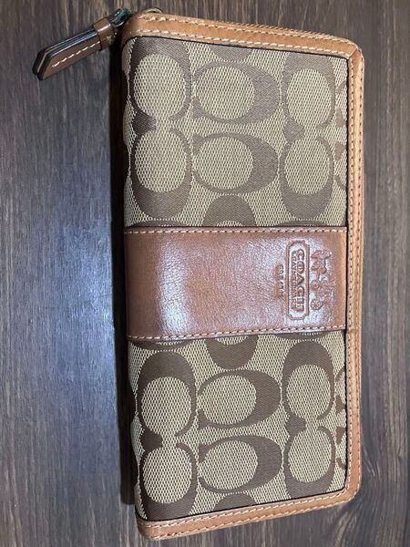 【COACH】 コーチ シグネチャー 長財布 ラウンドファスナー キャンバス レザー ブラウン ベージュ