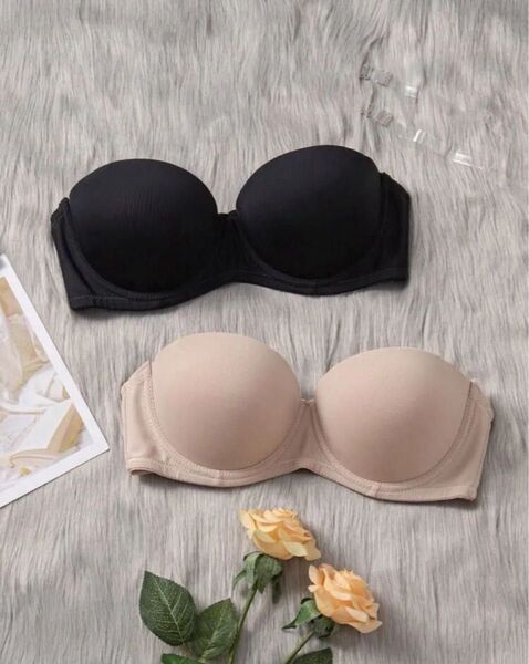 ストラップレスブラジャー Tシャツ ワイヤーブラ 85B 黒 ベージュ 2枚セット ズレない