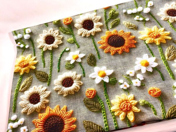 USAシーチング綿生地幅110cm×100cm.刺繍風プリント.向日葵.1988