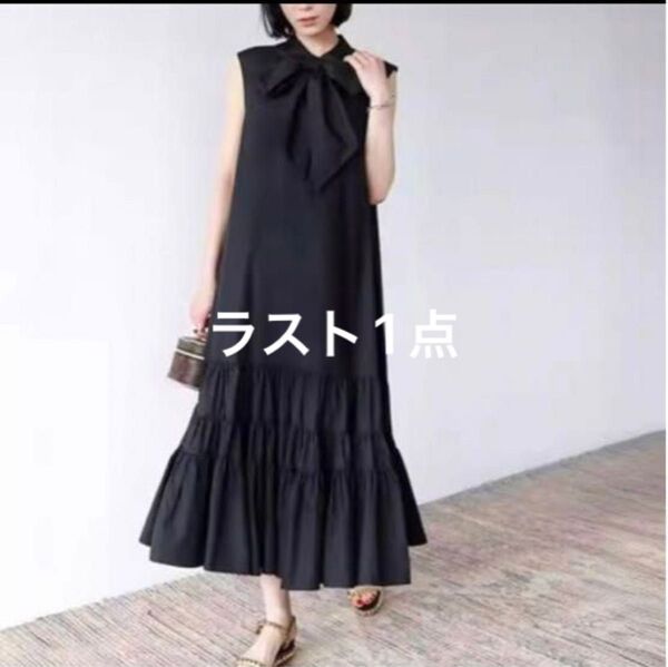 ブラック 黒 ドレス 前襟 夏ワンピース オシャレ 裾ティアード ラスト1点