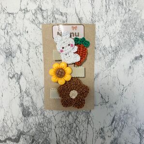 ベビーヘアクリップ3点セットうさぎ×ひまわり×お花 手作りハンドメイド 赤ちゃん ヘアピン