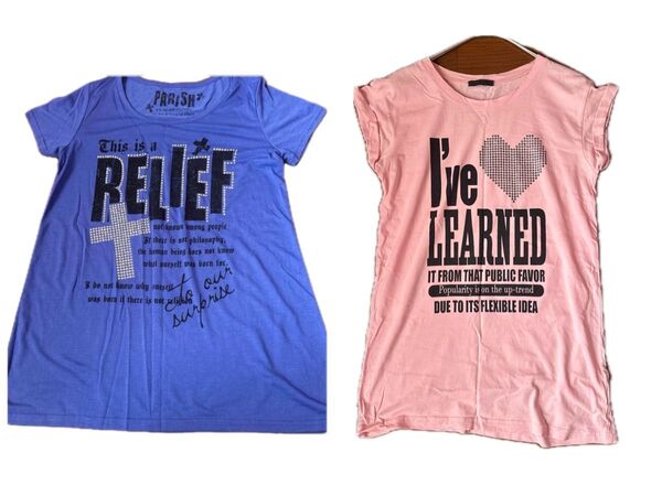 ロゴ入り 半袖 Tシャツ カットソー プルオーバー トップス ピンク ブルー 2点セット