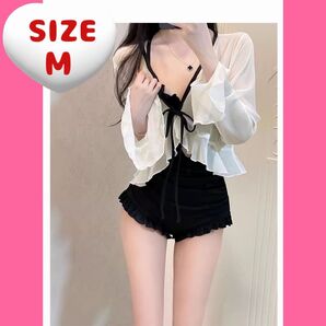 【未使用】 大人可愛い◎ 白×黒リボン水着セット ラッシュガード付き Mサイズ