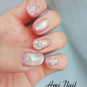 リボン&透けキルティング柄 グレージュピンクマグネイル enoi ネイルチップ