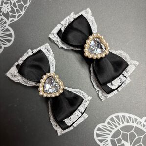 ハートレースサテンミニリボン 黒 ブラック ヘアクリップ 量産型 地雷 ゴスロリ ロリータ 天使界隈