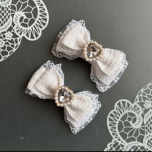 ハートレースツイードミニリボン 白 ホワイト ヘアクリップ 量産型 地雷 ゴスロリ 天使界隈