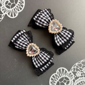 ハートギンガムレースリボン 黒 ヘアクリップ 量産型 地雷 ゴスロリ 天使界隈