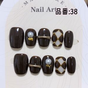 【38】手作りネイルチップ ブラック ミラー パール 黒 チェッカー柄ネイル 地雷系