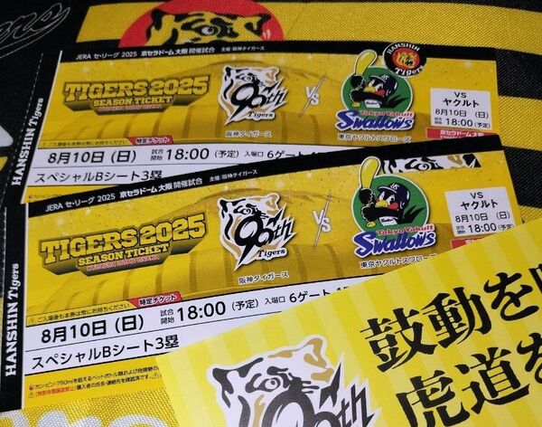 【8月10(日曜)】18時-☆阪神vsヤクルト《スペシャルBシート3塁》2枚/阪神タイガース京セラドームチケット☆通路近く