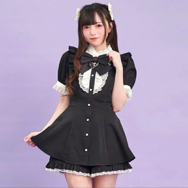 Secret Honey アクセサリーリボンレースフリル半袖セットアップ 黒