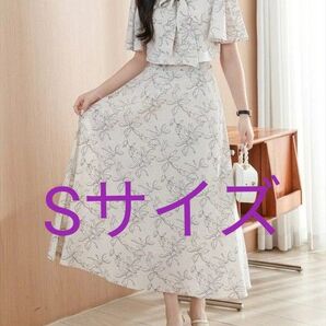 ワンピース S レディース フラワー リボン フレアスリーブ 脚長効果 スタイルアップ マキシ エレガント 華やか 上品