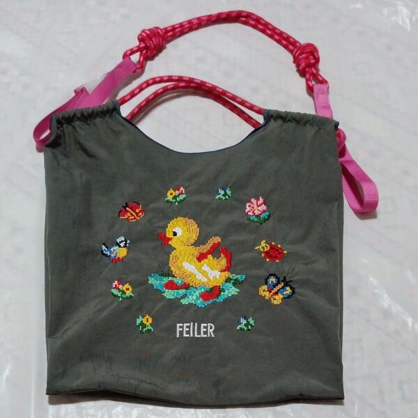 ナイロン 刺繍エコバッグ アヒル カーキ ピンクショルダー紐付き トートバッグ Mサイズ