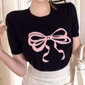 DAZY 春夏用 リボン付きカジュアル半袖ニットトップ、学校復帰服装 SHEIN