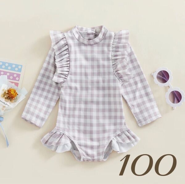 100センチ 水着 女の子 チェック フリル ラッシュガード