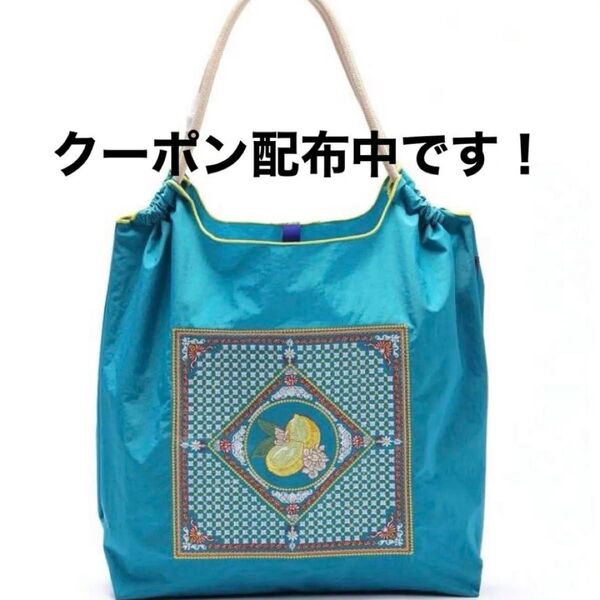 新品 レトロ レモン 刺繍 軽量 エコバッグ ナイロン Mサイズ ターコイズブルー