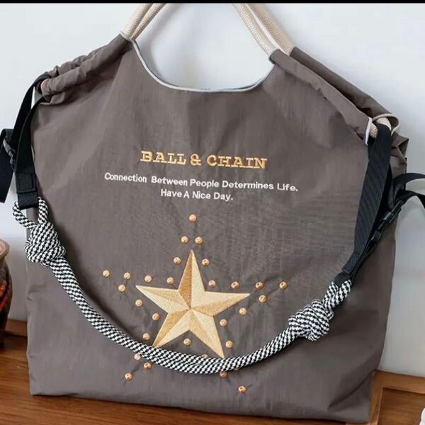 新品 刺繍 軽量 エコバッグ ナイロン Mサイズ ショルダーストラップ付き グレー