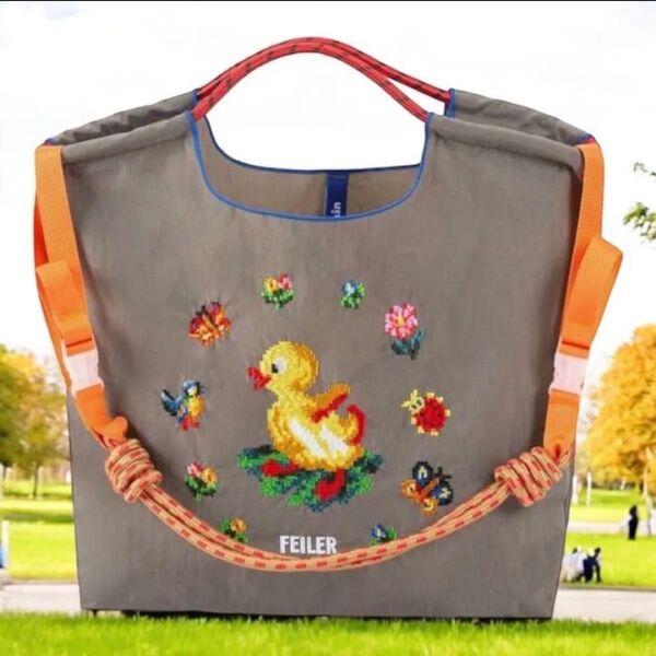 新品 刺繍 軽量 エコバッグ ナイロン Mサイズ ショルダーストラップ付き グレー