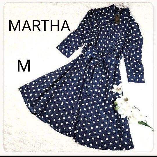 【タグ付き新品未使用】 マーサ ドット リボン ロールアップ ワンピース M ネイビー 水玉 シャツワンピース ベルト 七分袖
