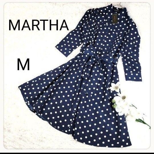 【タグ付き新品未使用】 マーサ ドット リボン ロールアップ ワンピース M ネイビー 水玉 シャツワンピース ベルト 七分袖