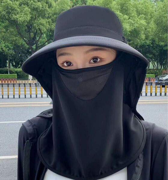 つば広帽子 フェイスカバー付き帽子 ブラック UVカット 紫外線対策 日焼け防止 紫外線対策 アウトドア 農作業 釣り 男女兼用