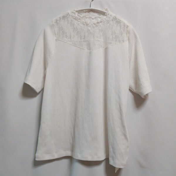 アース スタンドネックレースプルオーバー Tシャツ 半袖 トップス オフホワイト白