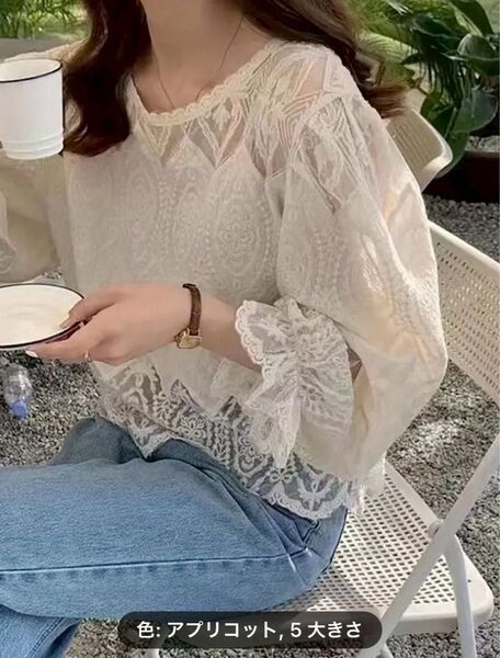 レース プルオーバー 透かしブラウスM 八部袖 トップス レース カットソー おしゃれ 装飾的デザインアイボリー