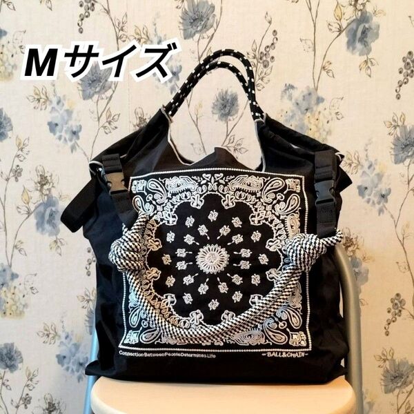 ペイズリー刺繍 トートバッグ エコバッグ Mサイズ ブラック バンダナ柄
