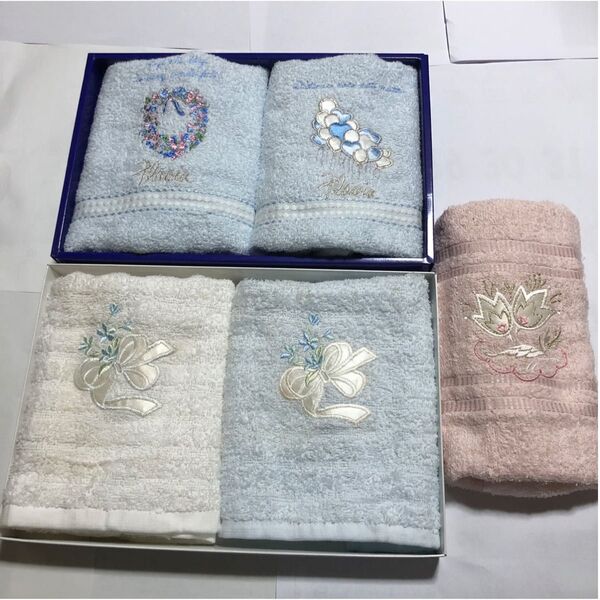 フェイスタオル5枚刺繍入り ピンク/水色/白 未使用